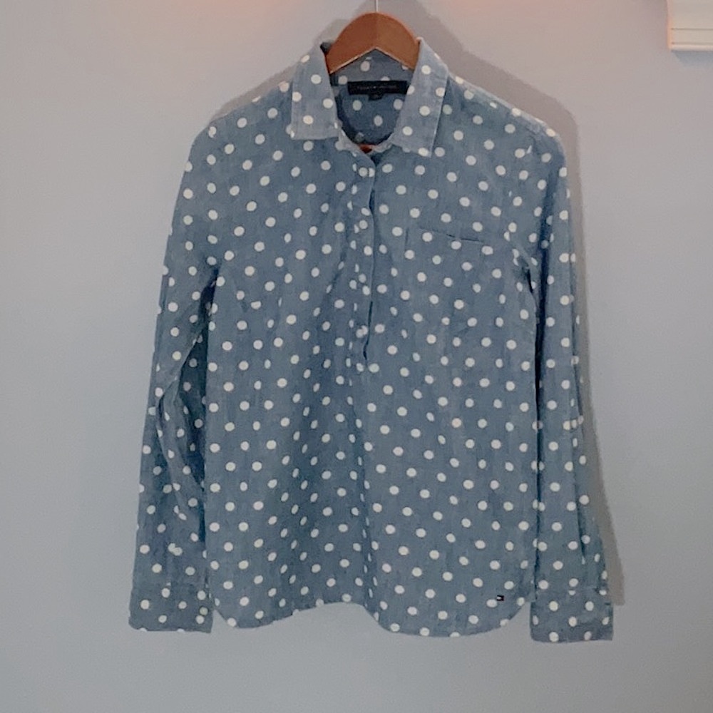 Women’s Tommy Hilfiger Polka Dot Cotton Denim 1/4” Button Down Shirt Size Small